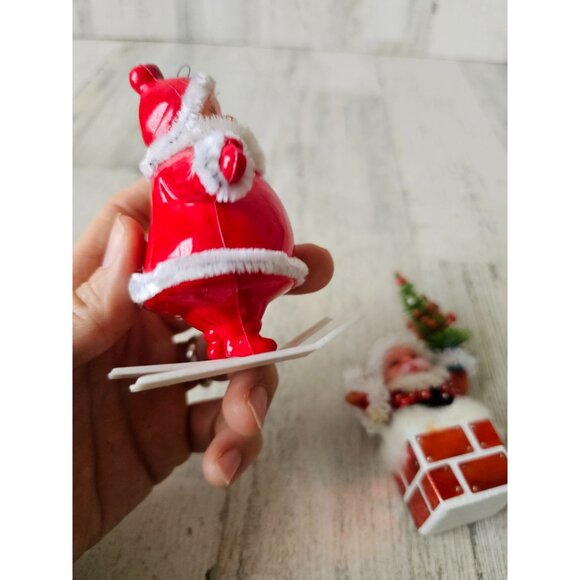 Vintage flocked Santa skier plastic chimney tree ornament beaded Xmas Santa with - Picture 7 of 15